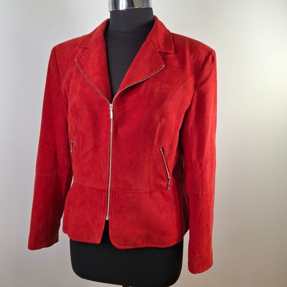 Peplum Crop Sz 16P Conrad C Proportion Petite Red Suede Blazer Jacket Zip Lined - Picture 4 of 15